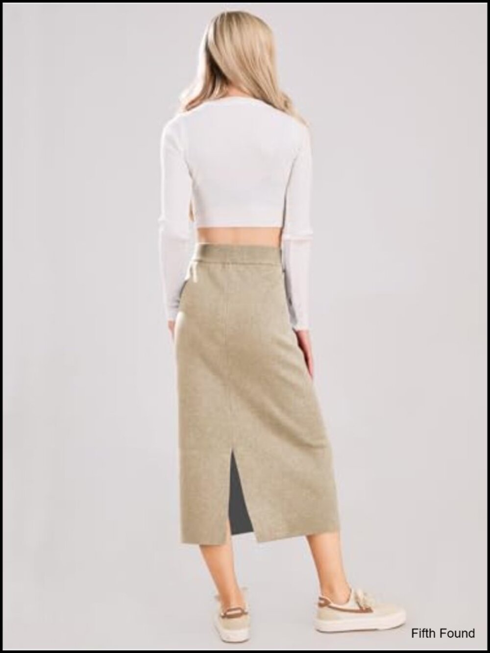 Wool Blend High Waist Rib Knit Pencil Skirt Side Slit Stretchy - Picture 5 of 6